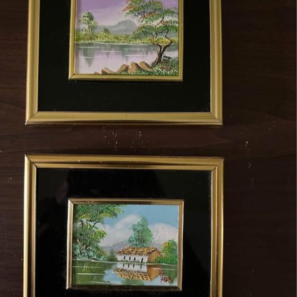vintage, professionally framed โorientalโ artworkโpair (approximately 6x 6โ)